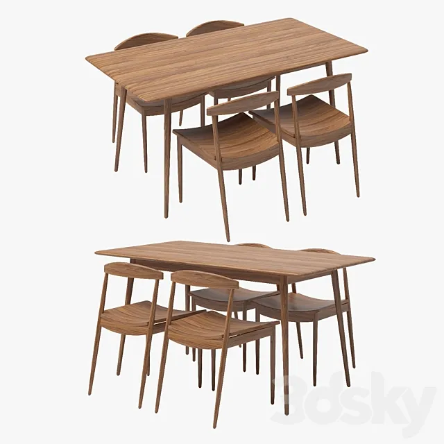 West Elm _ Lena Mid-Century Table & Chairs Dining Set 3ds Max