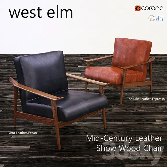 West elm Mid-Century Leather Show Wood Chair 3DS Max Model