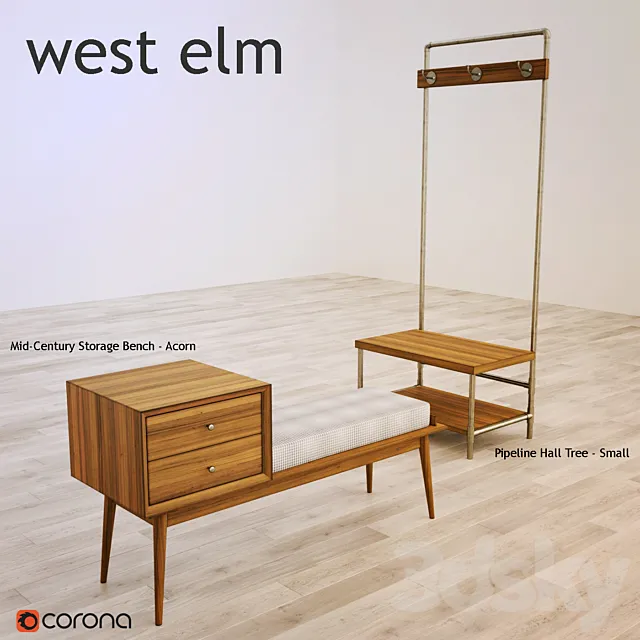 west elm Mid-Century Storage Bench Pipeline Hall Tree 3ds Max