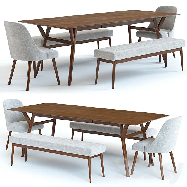 West Elm Mid Century Table and Chairs 3ds Max