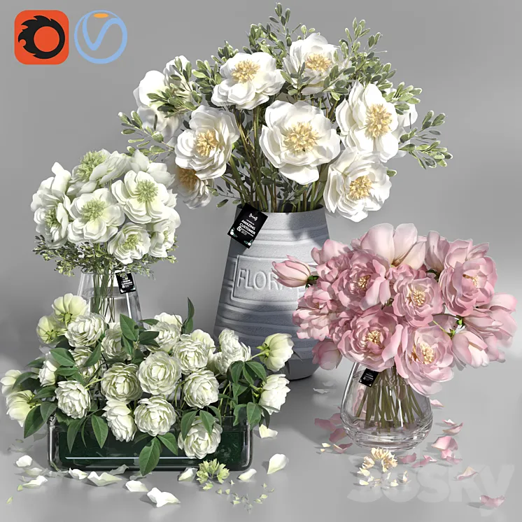 White and Pink tone Peonies cement concrete glass Vases 3DS Max