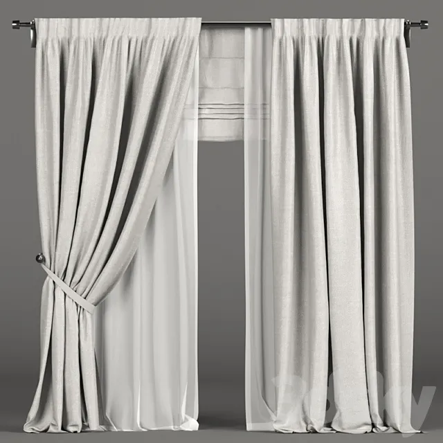 White curtains in the background with tulle and a Roman curtain. 3DSMax File