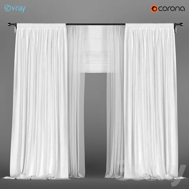 White curtains of linen with tulle + Roman blinds. 3ds Max