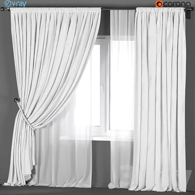 White curtains with a garter on a rope with white tulle. 3ds Max