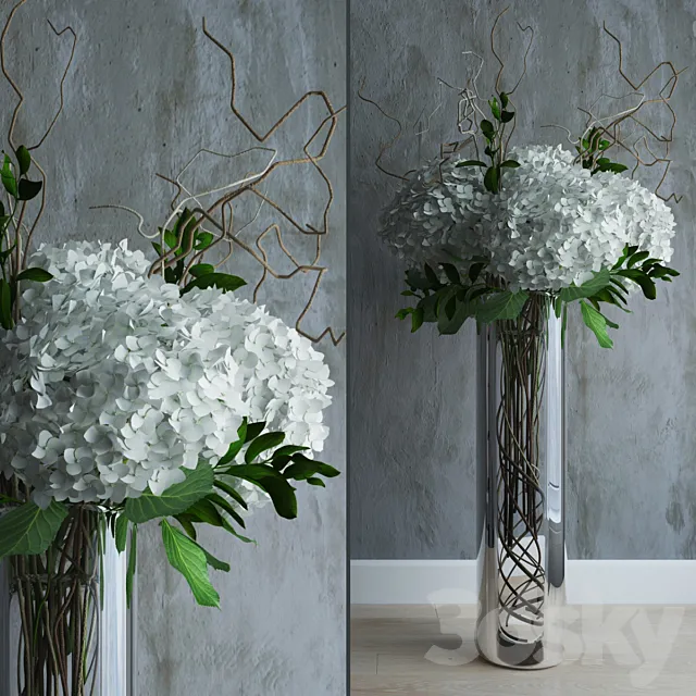 White hydrandeas in tall vase with willow branches 3DSMax File