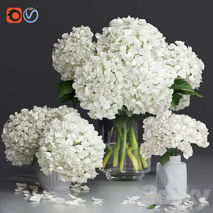 White Hydrange and peony Twig Vases decorative Set 3DS Max