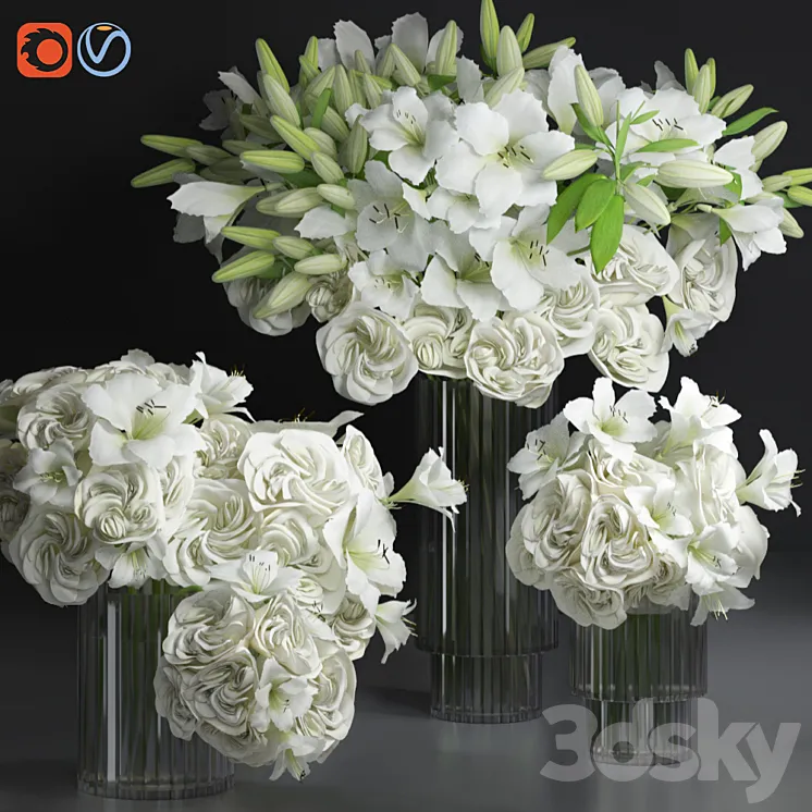 White Lily Tuberose Peony Camelia Bouquet Decorative Glass Vases Set 3DS Max Model