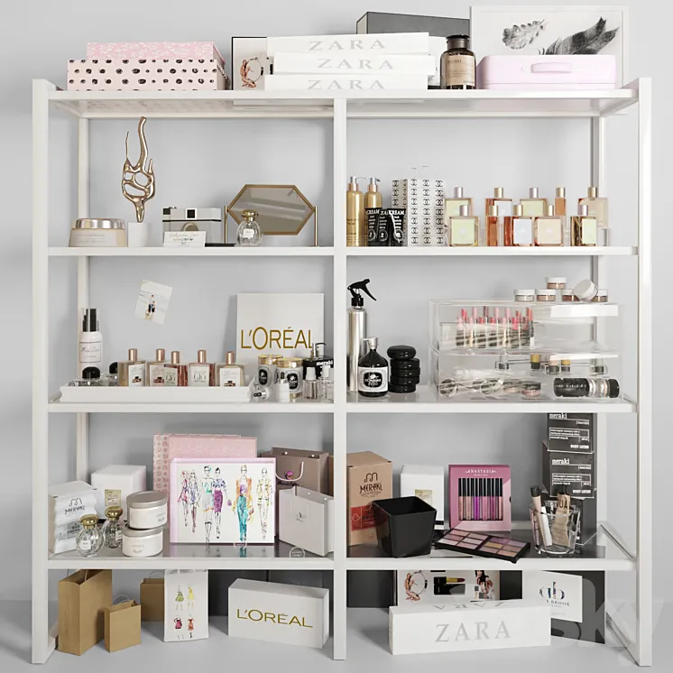 White rack with cosmetics in a beauty salon. Make up 3DS Max