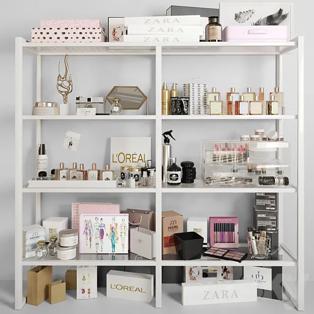 White rack with cosmetics in a beauty salon. Make up 3DSMax File