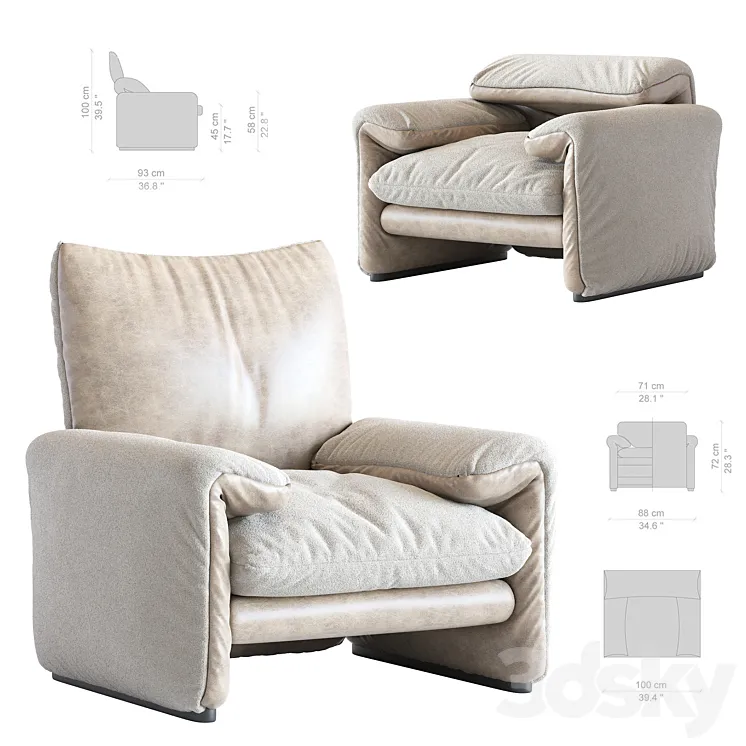 White Sheepskin Maralunga Armchair by Vico Magistretti for Cassina Italy 3DS Max