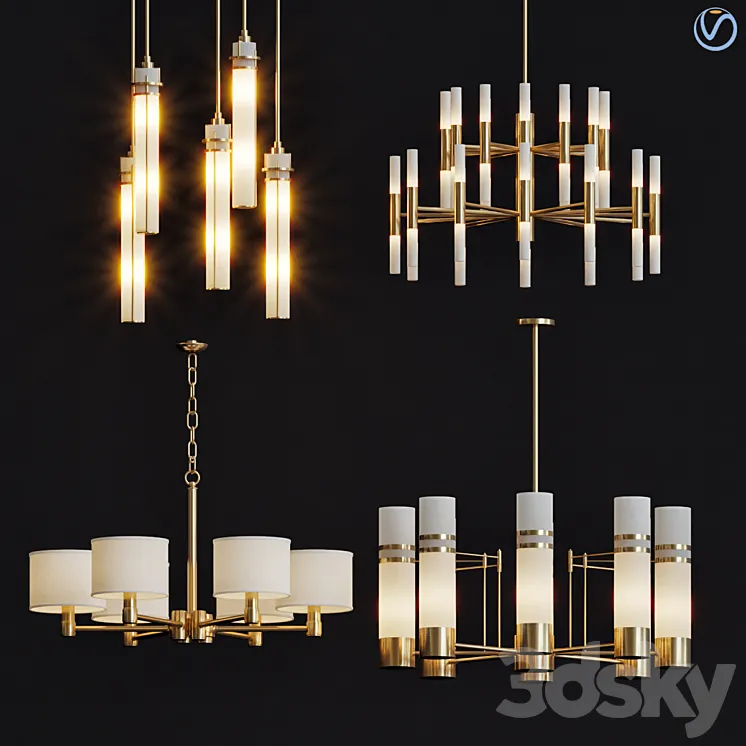 Wide Antique Brass Chandelier and pendant lamps 3DS Max