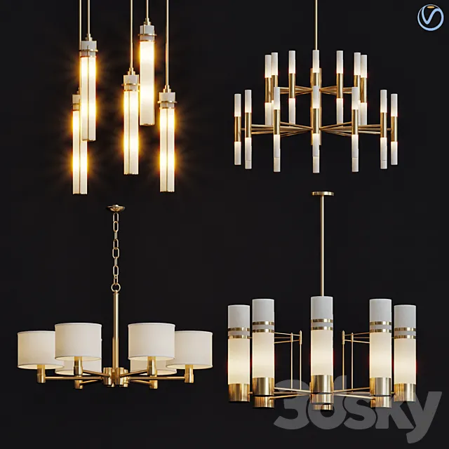 Wide Antique Brass Chandelier and pendant lamps 3DSMax File