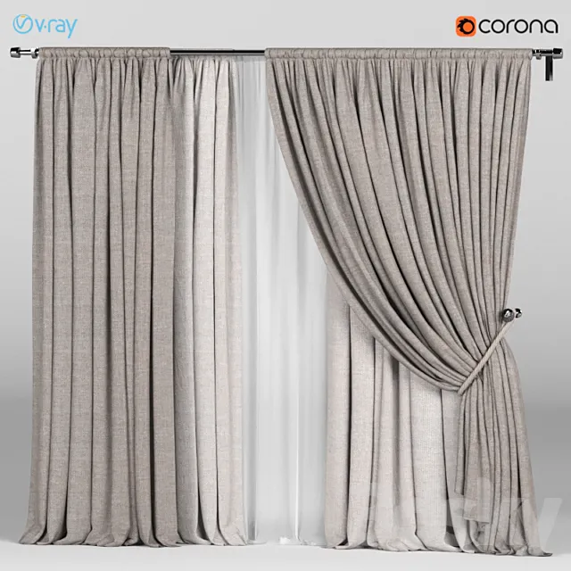 Wide brown curtains with a garter on a rope + white tulle. 3ds Max