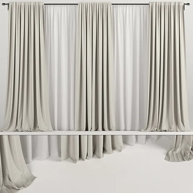 Wide brown curtains with tulle. 3DS Max Model