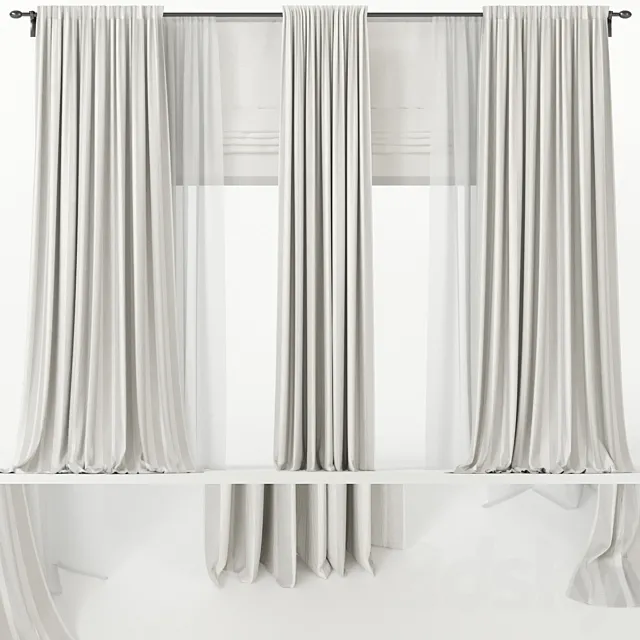 Wide  curtains with Roman and tulle. 3ds Max