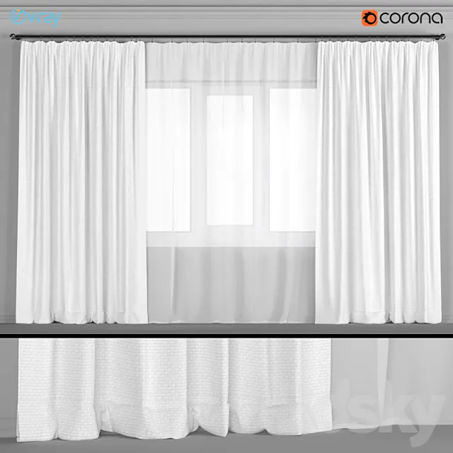 Wide white curtains with tulle. 3DSMax File