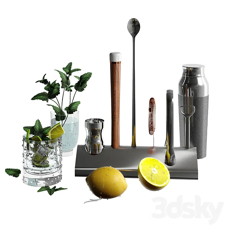Williams Sonoma Signature Bar Tool Set with Stand & Cocktail Shaker 3DS Max Model