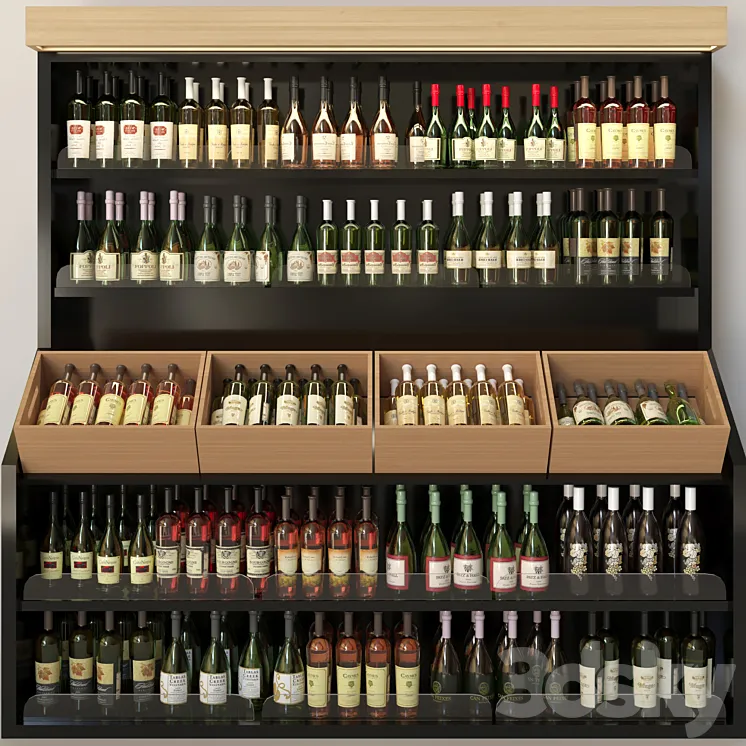 Wine cabinet with collectible wine in the supermarket. Wine and alcohol 3DS Max