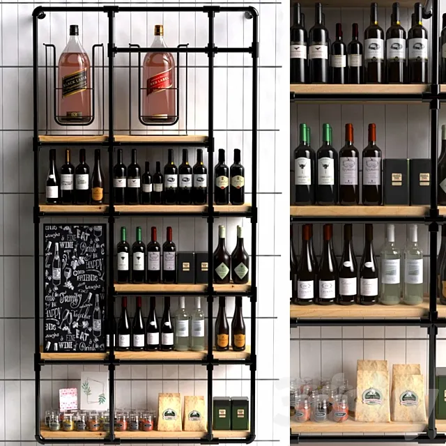 Wine shelf in a loft-style supermarket with a collection of red wine. Wine 3DS Max Model