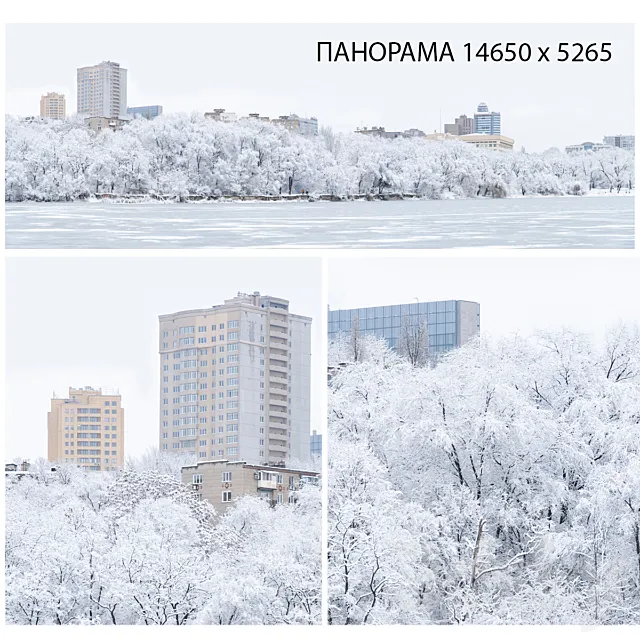 Winter panorama. Lake view. 3ds Max