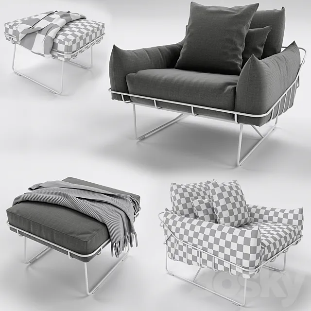 Wireframe Armchair and Ottoman 3DS Max Model