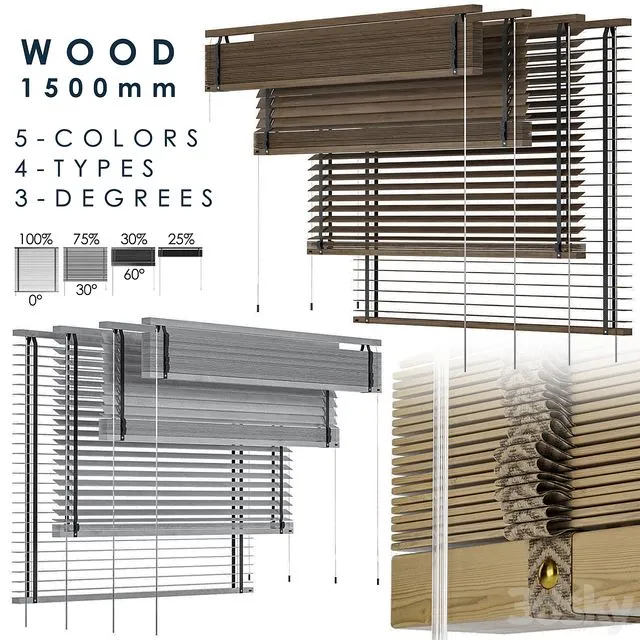 Wood Blind 1500mm (10 configurations 5 colors 4 types 3 degrees) 3dsMax Model
