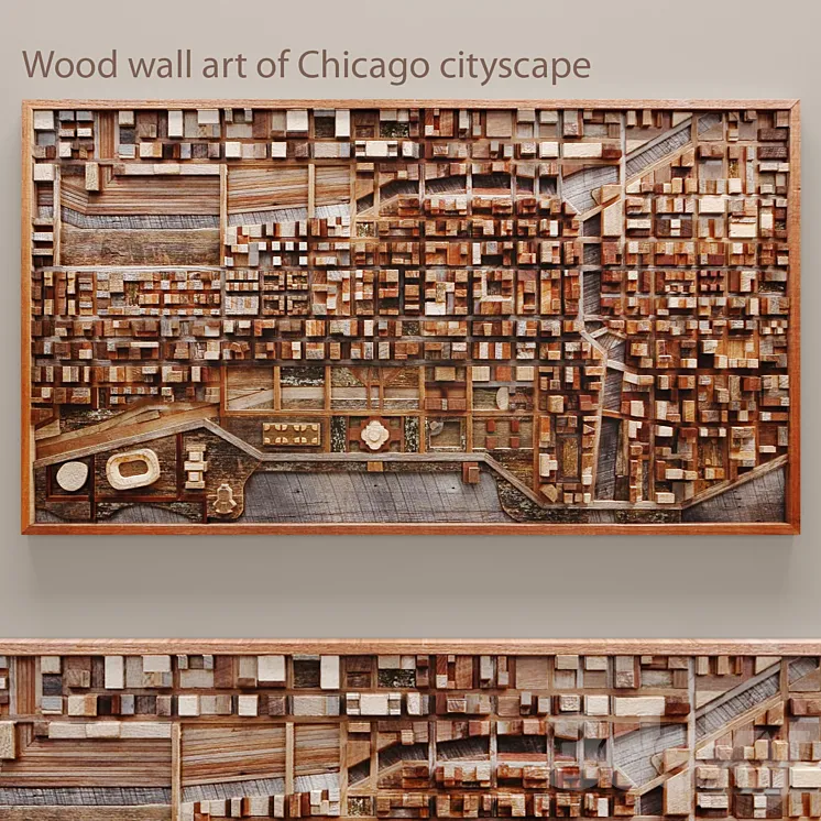 Wood wall art of Chicago cityscape wall decor plank panels wooden decor boards wooden wall panel slats city picture frame panel 3DS Max