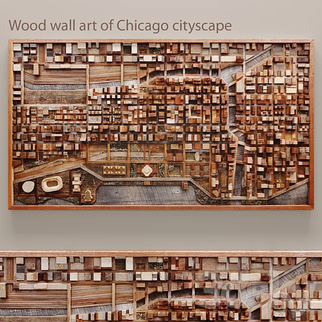 Wood wall art of Chicago cityscape. wall decor. plank panels. wooden decor. boards. wooden wall. panel. slats. city. picture. frame. panel 3DSMax File