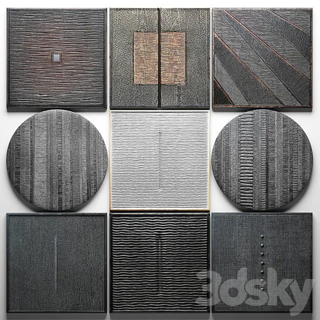 Wood Wall Sculpture. wall decor. a set of paintings. luxury. panels. loft. black painting. eco design. natural decor. wooden. interior. stylish. carving 3DSMax File