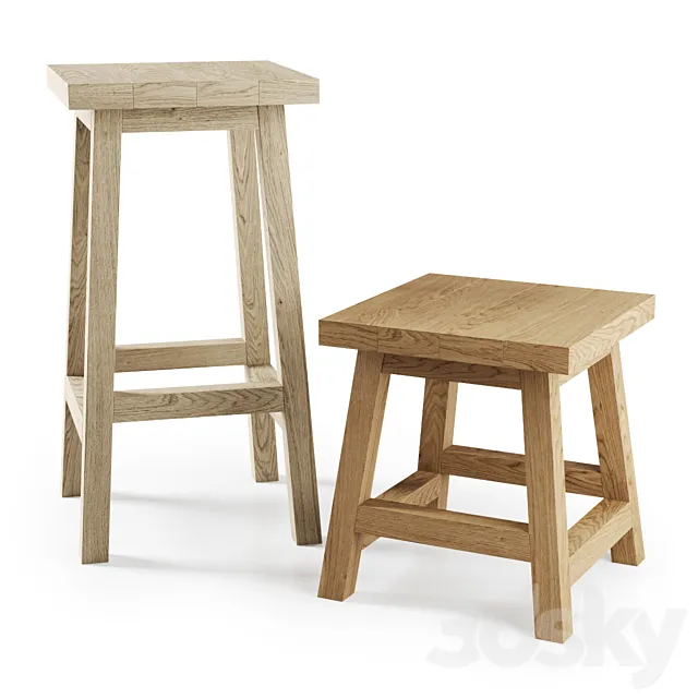 Wooden Bar stool and Backless stool 3ds Max