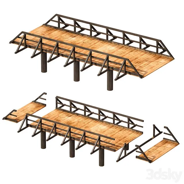 Wooden bridge over the river. Constructor 3dsMax Model
