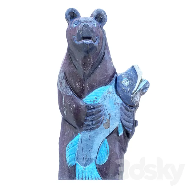 Wooden brown bear with fish 3ds Max