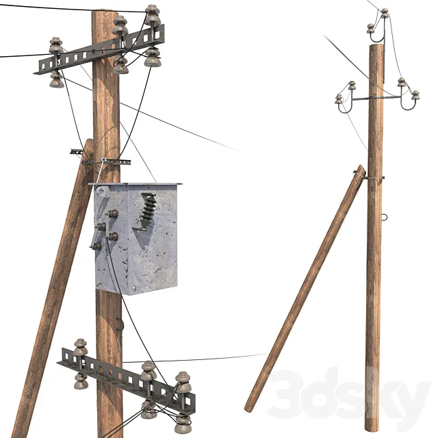 Wooden electricity transmission poles with wires 3ds Max