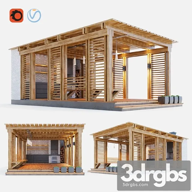 Wooden gazebo with summer kitchen 3dsmax Download