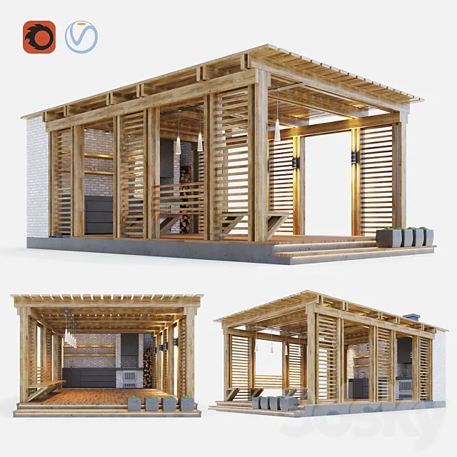 Wooden gazebo with summer kitchen 3DS Max Model