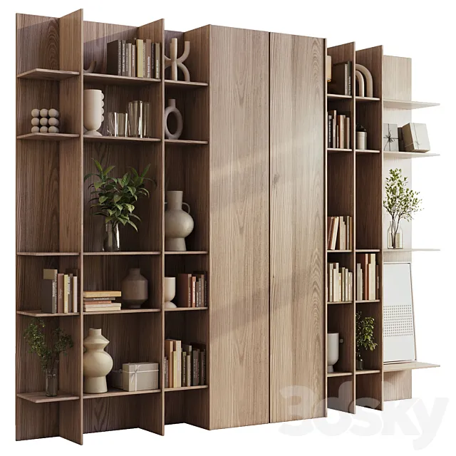 wooden Shelves Decorative With Plants and Book – Wooden Rack 09 3DS Max Model