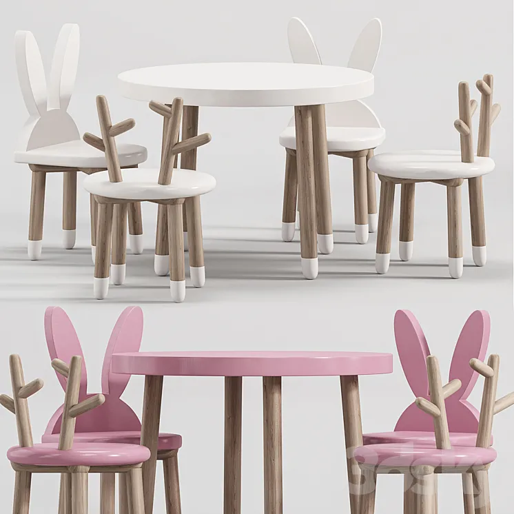 Wooden Table Chair Set for kids 2 3DS Max Model