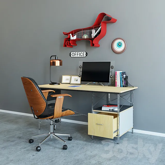 Workplace _ armchair Baxton _ Herman Miller table and decor 3ds Max