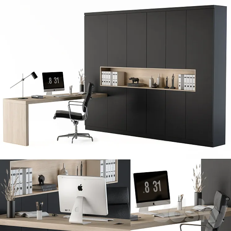 Workplace L Type Desk and Wardrobe Black 3DS Max