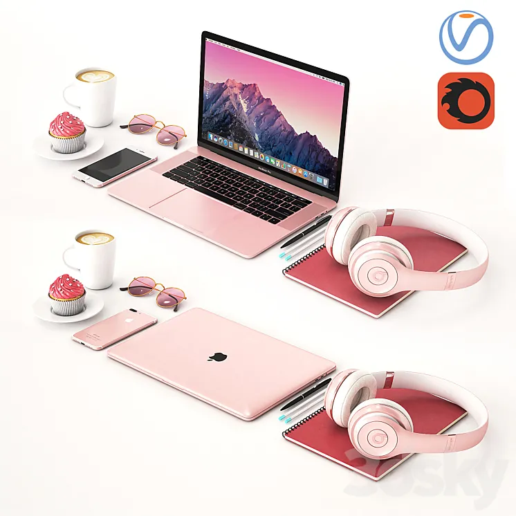 Workplace Rose Gold MacBook 3DS Max Model