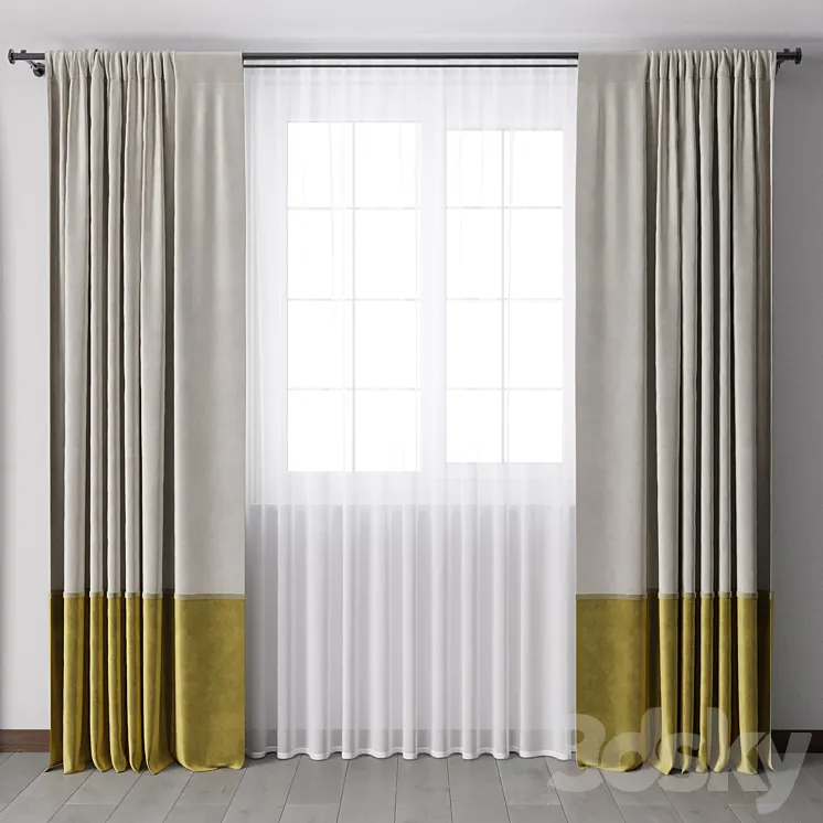 yellow Curtains with metal curtain rod 07 3DS Max Model
