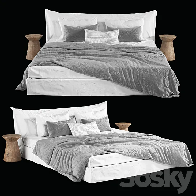 Zara Home Grey Linen Bedding on Cozy Bed 3DS Max Model