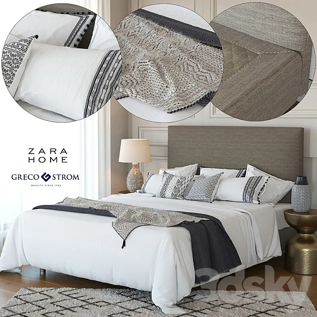 Zara Home Linen Collection Bedding + Greco Strom Bed # 7 3DSMax File